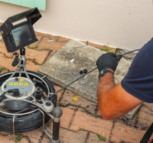 Technicien utilisant une caméra de contrôle pour nettoyage d'une canalisation bouchée